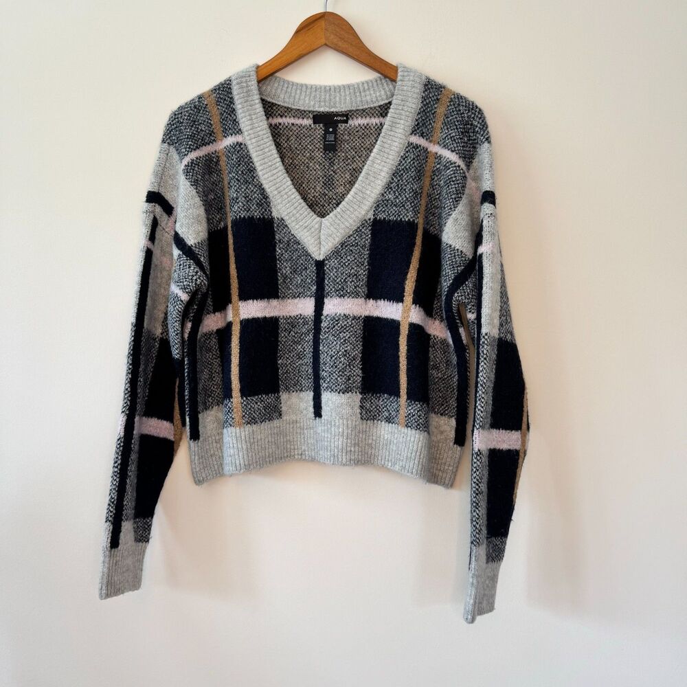 Aqua Plaid V-Neck Sweater Size Medium